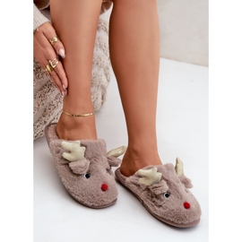 Pantuflas navideñas con motivo de renos, peludas, beige oscuro 3