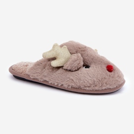 Pantuflas navideñas con motivo de renos, peludas, beige oscuro 4