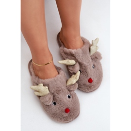 Pantuflas navideñas con motivo de renos, peludas, beige oscuro 5