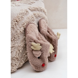 Pantuflas navideñas con motivo de renos, peludas, beige oscuro 6