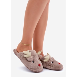 Pantuflas navideñas con motivo de renos, peludas, beige oscuro 1