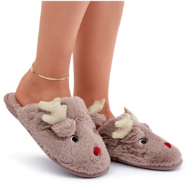 Pantuflas navideñas con motivo de renos, peludas, beige oscuro 7