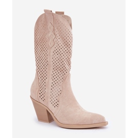 Botas Vaqueras Caladas Con Tacón Alto, Beige Claro 4