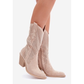 Botas Vaqueras Caladas Con Tacón Alto, Beige Claro 1