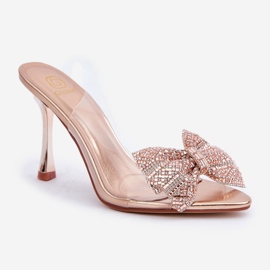 Sandalias De Tacón Transparentes Con Lazo Brillante, Oro Rosa dorado 4