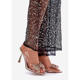 Sandalias transparentes de tacón con lazo dorado brillante 1 Sandalias transparentes de tacón con lazo dorado brillante 1