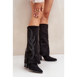 Botas decoradas con parte superior vuelta y tacón alto, negro 2