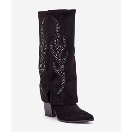 Botas decoradas con parte superior vuelta y tacón alto, negro 4
