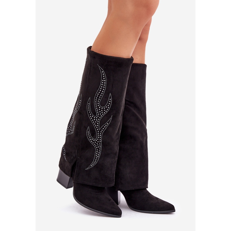 Botas decoradas con parte superior vuelta y tacón alto, negro 1 Botas decoradas con parte superior vuelta y tacón alto, negro 1