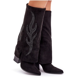 Botas decoradas con parte superior vuelta y tacón alto, negro 9
