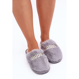 Pantuflas de mujer con pelo e inscripción, gris 3