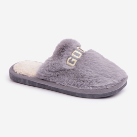 Pantuflas de mujer con pelo e inscripción, gris 4