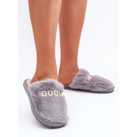 Pantuflas de mujer con pelo e inscripción, gris 5