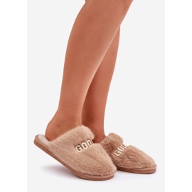 Zapatillas de mujer con pelo y inscripción. beige 1 Zapatillas de mujer con pelo y inscripción. beige 1