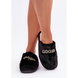 Pantuflas de mujer con pelo e inscripción, negro 3
