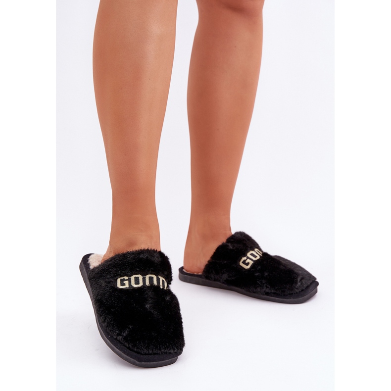 Pantuflas de mujer con pelo e inscripción, negro 2