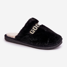 Pantuflas de mujer con pelo e inscripción, negro 4