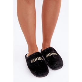 Pantuflas de mujer con pelo e inscripción, negro 5