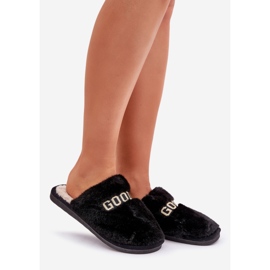 Pantuflas de mujer con pelo e inscripción, negro 1 Pantuflas de mujer con pelo e inscripción, negro 1