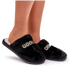 Pantuflas de mujer con pelo e inscripción, negro 6