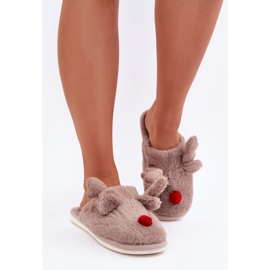 Pantuflas de mujer de pelo con estampado de renos, beige oscuro 3