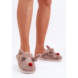 Pantuflas de mujer de pelo con estampado de renos, beige oscuro 2