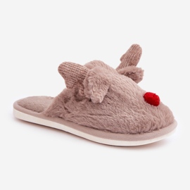 Pantuflas de mujer de pelo con estampado de renos, beige oscuro 4