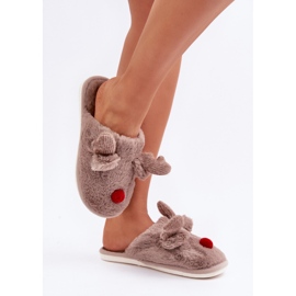 Pantuflas de mujer de pelo con estampado de renos, beige oscuro 6