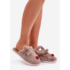 Pantuflas de mujer de pelo con estampado de renos, beige oscuro 1