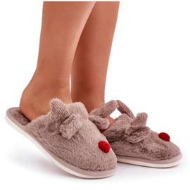 Pantuflas de mujer de pelo con estampado de renos, beige oscuro 7