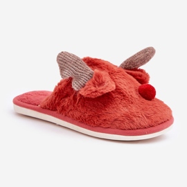 Pantuflas de mujer de pelo con motivo de reno, coral rojo 4