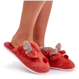Pantuflas de mujer de pelo con motivo de reno, coral rojo 7