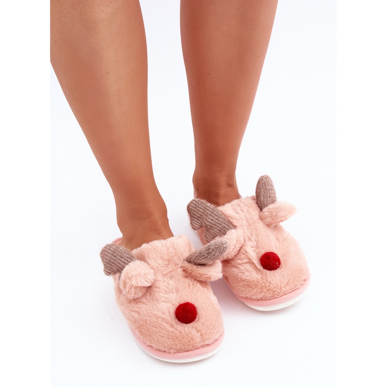 Pantuflas de mujer de pelo con motivo de reno, rosa rosado 2