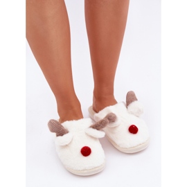 Pantuflas de mujer de pelo con motivo de reno, blanco 4