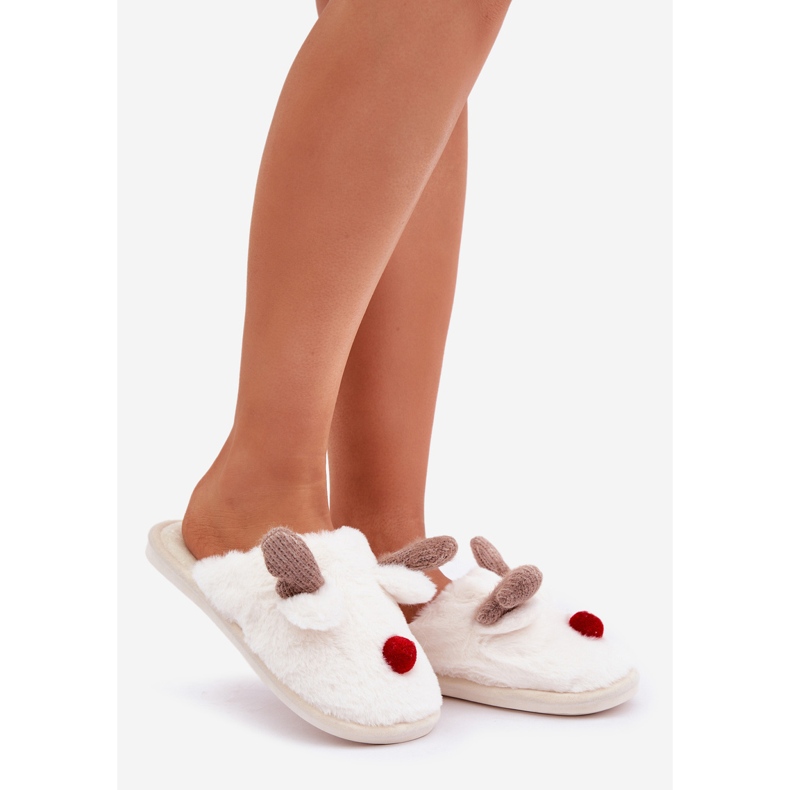 Pantuflas de mujer de pelo con motivo de reno, blanco 1 Pantuflas de mujer de pelo con motivo de reno, blanco 1