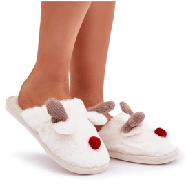 Pantuflas de mujer de pelo con motivo de reno, blanco 6