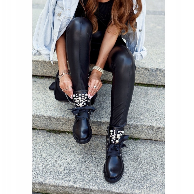 Ideal Botas cálidas de mujer con perlas y cinta negro 3