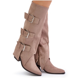 Seastar Botas beige de tacón con parte superior vuelta y hebillas 3