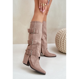 Seastar Botas beige de tacón con parte superior vuelta y hebillas 2