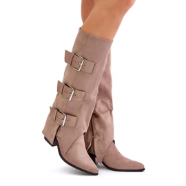 Seastar Botas beige de tacón con parte superior vuelta y hebillas 1