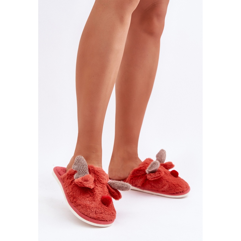 Pantuflas de mujer con motivo de reno coral rojo 1
