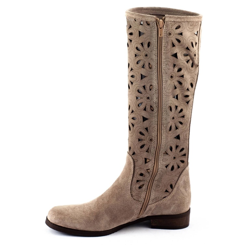 Olivier Botas de mujer caladas con flores, beige oscuro 1