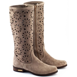 Olivier Botas de mujer caladas con flores, beige oscuro 2