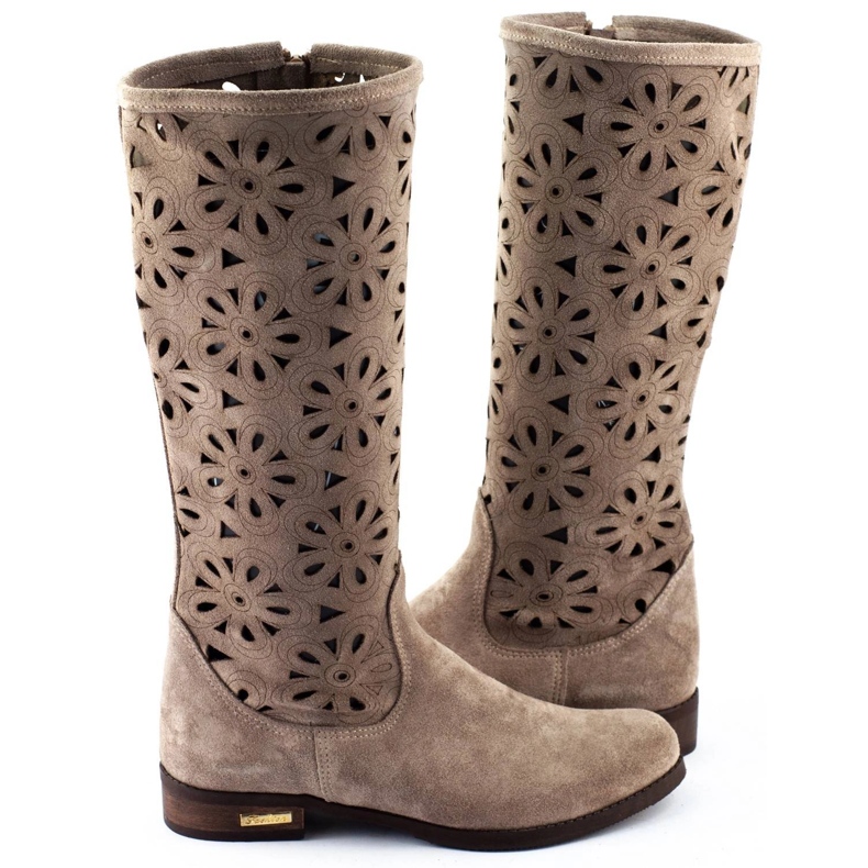 Olivier Botas de mujer caladas con flores, beige oscuro 4