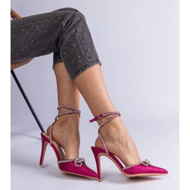 Tacones altos de brocado rosa con arco y circones rosado 1 Tacones altos de brocado rosa con arco y circones rosado 1