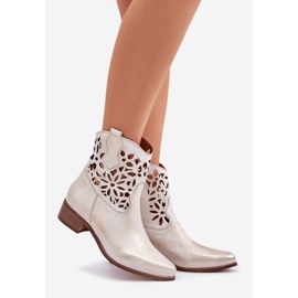 Zazoo 3404 Botas abiertas con cuero de baja tacón limpio dorado 1