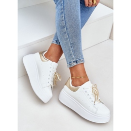 Zapatillas para mujeres en la plataforma con decoraciones blancas y doradas blanco 8