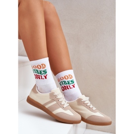 Zapatillas de deporte para mujeres bajas con beige de cuero ecológico 6