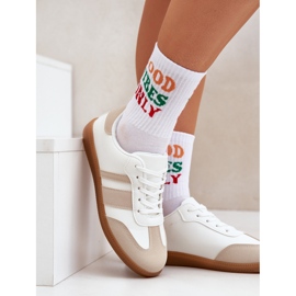 Zapatillas de deporte para mujeres bajas con beige de cuero ecológico y blanco 3