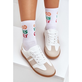 Zapatillas de deporte para mujeres bajas con beige de cuero ecológico y blanco 7